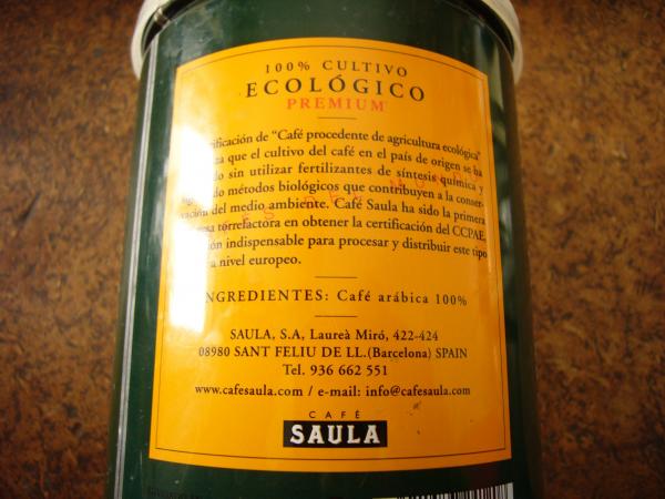 Café Saula - Grand Espresso Premium Ecológico 100% arabica molido 250g - back